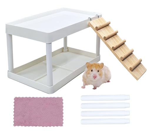 Hamiledyi Hamster Cage Platform Plastic Syrian Hamster Platform with Wood Ladder Stand Climbing Toy for Gerbil Mice Sugar Glider Rat