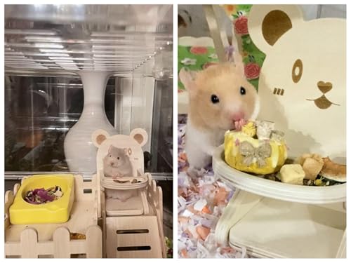 Hamster Chair with Food Bowl Tray- Handmade Wooden Small Animal Cage Accessories Habitat Decor House Photo Props Small Animal Toys for Hamster Mice Rat Hedgehog Rodents (Wood)