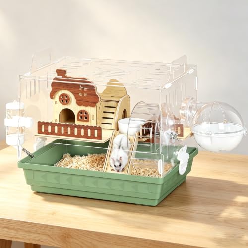 Acrylic Hamster Cage Clear Hamster Houses for Small Pet Mice | Running Wheel, Hideout, Food Bowl, 360 Viewing Transparent Pet Mice Cage for Syrian Dwarf Hamsters, Gerbils, Green - color: Green