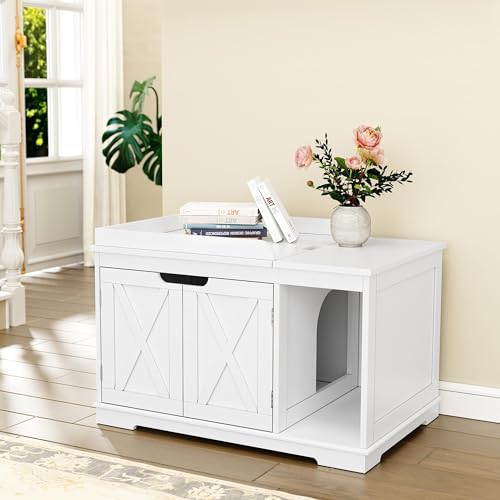 PUPETPO Cat Litter Box Enclosure Furniture, Hidden Litter Box Cabinet with Flip Top, 31.5" Indoor Cat House Washroom for Kitty, Medium and Large Cat, White - color: White