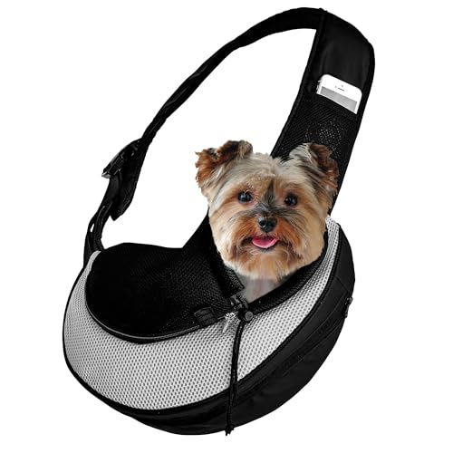 Expandable Pet Carrier Sling Bag - Small Dog, Puppy and Cat Carrier Front Shoulder Backpack w/Harness Strap - Carrying Pouch for ESA, Animal Travel - PU Leather Bottom, Mesh Pocket by Katziela (Grey) - color: Grey