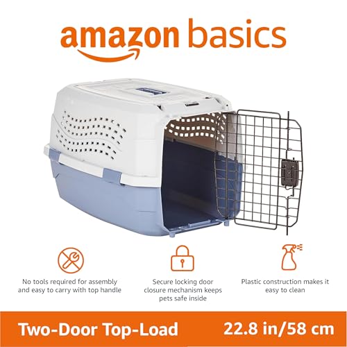 Amazon Basics Sturdy Portable 2-Door Top-Load Hard-Sided Pet Travel Carrier with Secure Ventilation, Handle, Front & Top Entry for Dogs, Cats, 22.8"L x 15"W x 13"H, Gray & Blue - color: Gray & Blue, size: 22.8"L x 15.0"W x 13.0"H