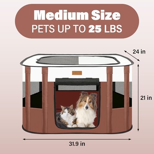 Dog Playpen - Foldable Cat Play Pens for Pubby, Kitten, Rabbit, Portable Pet Tent with Carring Bag for Indoor/Outdoor Travel Camping (Brown-Medium) - color: Brown, style: Medium