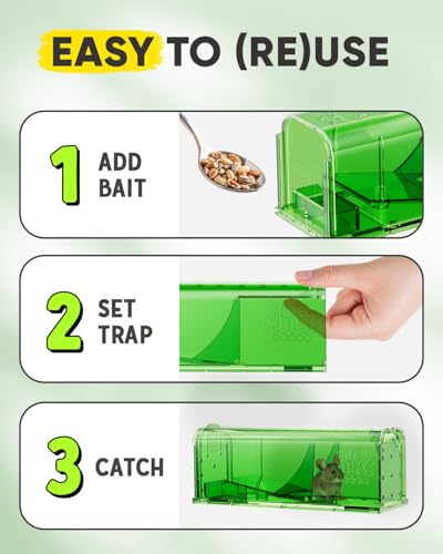 Motel Mouse Humane No Kill Mouse Traps Live Catch & Release - 4 Pack | Water & Food Compartment • Additional Air Holes • Tail Protection • Motel Mouse's Most Humane Solution • Reusable - color: Regular Green