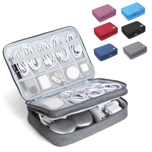 Electronic Organizer Travel Case, Double Layer Cable Organizer Bag | Double-layer design with adjustable dividers, mesh pockets and elastic loops for chargers, cables, power banks and gadgets - color: gray