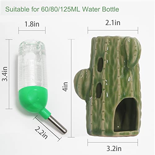 Adjustable No Drip Ceramic Hamster Water Bottle for Glass Tank | Green Cactus 2-In-1 80ML Free Standing Water Dispenser with Stable Hamster Hideout , Great for Dwarf Hamster, Mice, Rat