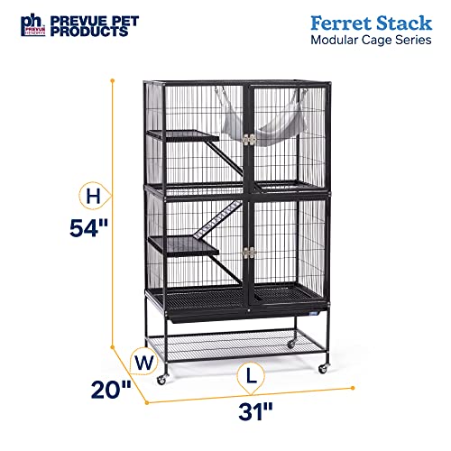 Prevue Pet Products Ferret Stack Two Story Ferret Home - Portable Stand, Escape Proof Lock, Includes Hammock & Ramps, Expandable Two Story Cage Stacking System with Wheels - Black