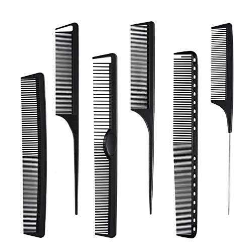 6 Pieces Carbon Fiber Hair Combs Set, General Styling Grooming Combs, Anti Static Heat Resistant Hairdressing Comb, Fine and Wide Tooth Hair Barber Rat Tail Comb - color: Black - 6PCS Carbon Fiber