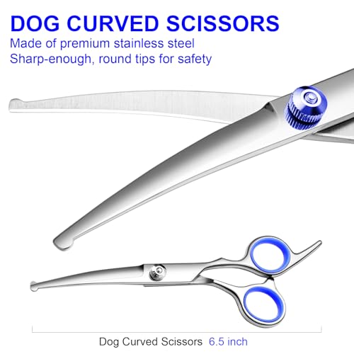 Dog Grooming Scissors Kit, Premium Stainless Steel Dog Shears with Curved Shears, Sharp Durable for Dogs Cats+Blue 3 Piece - color: Blue 3 Piece