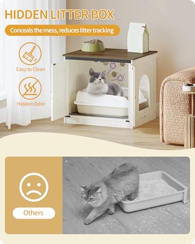 Hzuaneri Cat Litter Box Enclosure, Hidden Litter Box Furniture with Divider | Wooden Cat Cabinet with Removable Dividers, Reversible Entrance Left or Right Side, Cat Washroom, Rustic White Brown CB84514X - color: Rustic White and Brown, size: 23.6"L x 19.