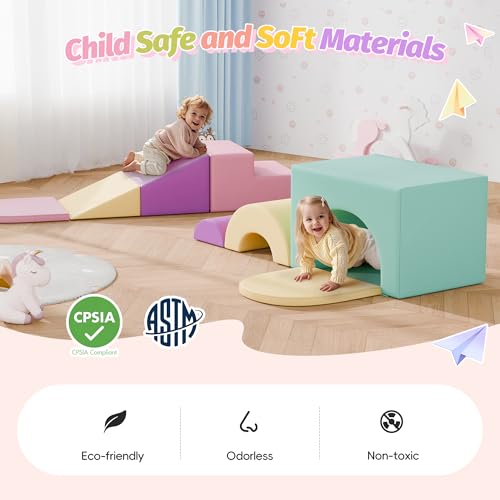MU ‌Soft Climbing Toys for Toddlers, 7-Piece Baby Soft Foam Climbing Blocks, PU Leather Gym Climb and Crawl Activity Play Set, Indoor Climbing Toys for Kids and Children, Pink - color: Pink