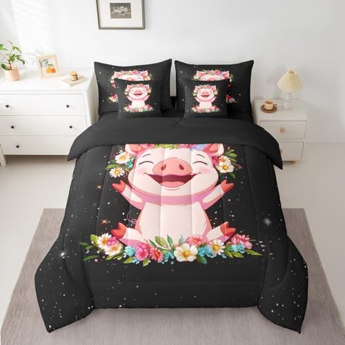 Erosebridal Pink Pig 7 Piece Comforter Set for Girls Kawaii Room Decor Twin,Rose Floral Leaf Bed in a Bag with Flat Sheet and Fitted Sheet,Cute Farm Animal Cartoon Bedding Set with Pillowcase & Sham - color: Black Pink, size: Twin