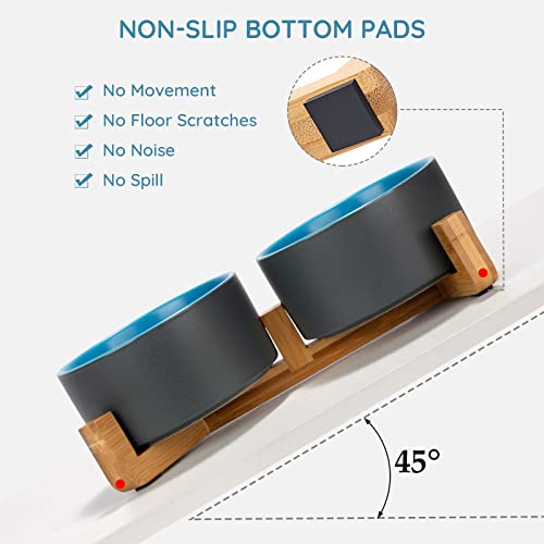 SPUNKYJUNKY Ceramic Dog and Cat Bowl Set with Wooden Stand, Modern Cute Weighted Food Water Set for Small Size Dogs (13.5OZ) & Medium Sized Dogs (28.7OZ) & Cats (3.6 Cups, 2 × Blue-Grey) - color: Blue-Grey × 2, size: 3.6 cups