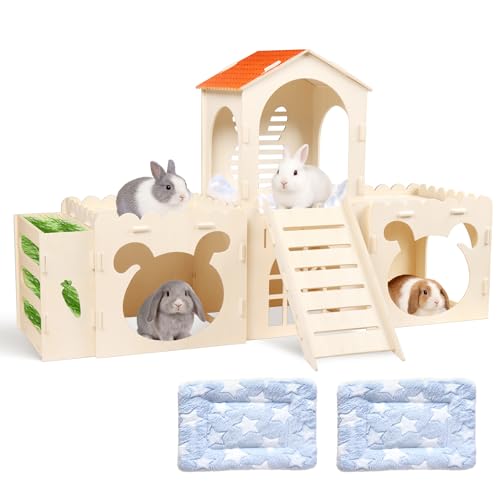 Extra Large Rabbit Castle with 2 Soft Fleece Mats, Upgraded 0.5cm Thicker Wooden Bunny Hideout, Indoor Small Animal House and Habitat for Guinea Pigs, Chinchillas, Vibrant Orange Roof Design