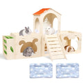 Extra Large Rabbit Castle with 2 Soft Fleece Mats, Upgraded 0.5cm Thicker Wooden Bunny Hideout, Indoor Small Animal House and Habitat for Guinea Pigs, Chinchillas, Vibrant Orange Roof Design