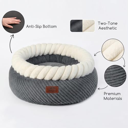 Hollypet Round Cat Bed Small Dog Beds with Detachable Cushion, Gray | Cat Bed for Indoor Cats Washable Fluffy Small Dog Bed Cozy Plush Pet Beds with Non-Slip Bottom for Pets up to 22 lbs - color: Gray and White