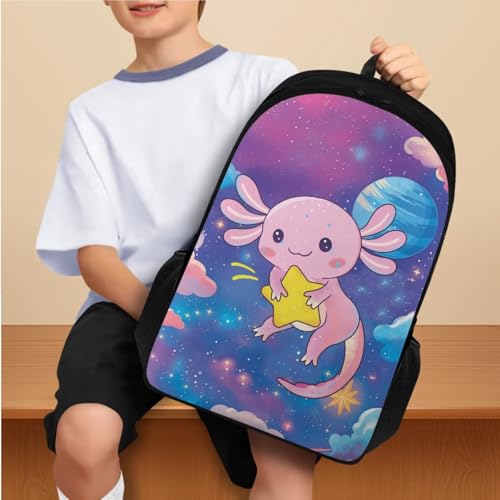 Yellow Star Axolotl Backpack for Girls Boys Bookbag with Lunch Box Water Bottle Sleeve with Strap and Big Pencil Case 5th Grade 4 in 1 Set Comfy Sturdy School Bag Compartment for Kids - color: Yellow Star Axolotl