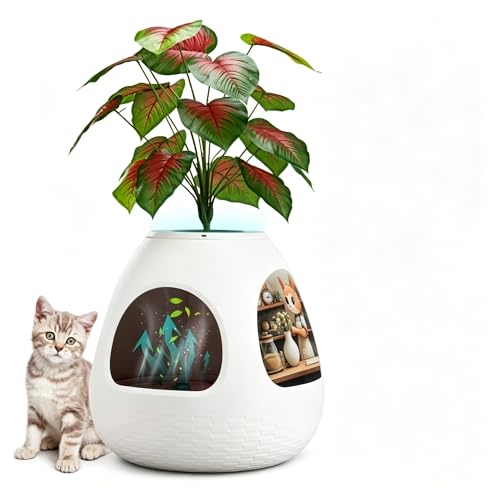 COZIWOW Eggloa6 Plant Litter Box, Hidden Cat Litter Box Enclosure, Odor Removal System, Replaceable Scratching Board, Scoop, Cat House with Cushion ＆ Heating Pad, Artificial Plants (White) - color: Light White