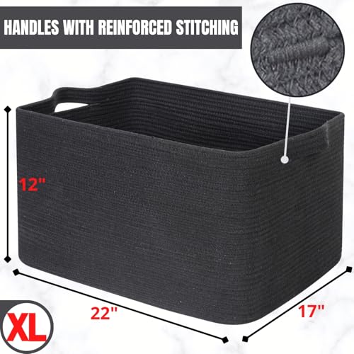 22in Extra Large Blanket Basket Holder Living Room, Rectangle Rope Woven Storage Basket with Handles for Laundry, Pool Towels, and Shoes, Dog Toy Organizer Bin Box, Charcoal - color: Charcoal Gray