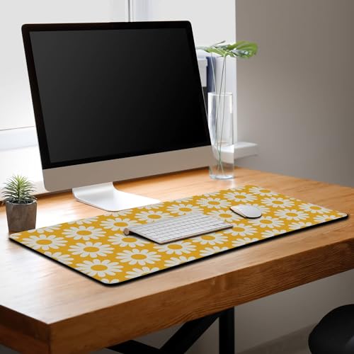 Computer Desk Mat Yellow Desk Mats, Large Gaming Mouse Pads Keyboard Mouse Pad, Mouse Mat Non-Slip Rubber Base Waterproof with Stitched Edges, 35.4 X 15.7 inch for Work/Game/Office/Home - color: Yellow Flowers