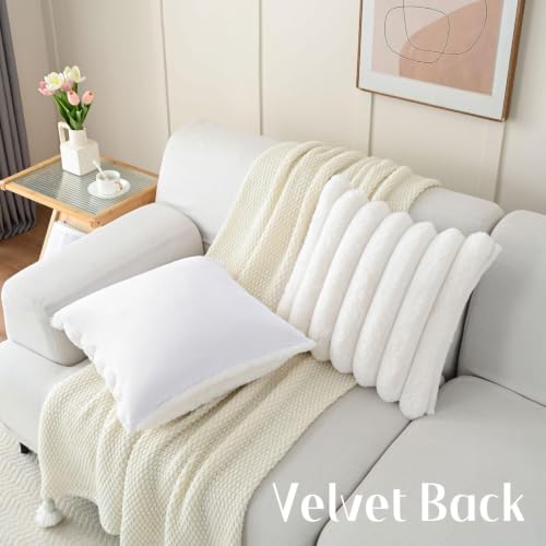 FUTEI Pack of 2 Faux Rabbit Fur Throw Pillow Covers 16x16 Inch, Cream White | Luxury Plush Texture, Striped Design, Cozy Soft Touch, Non-Shedding, Modern Home Decorative for Sofa Living Room Couch Bed - color: Cream White, size: 16" x 16" (Pack of 2)