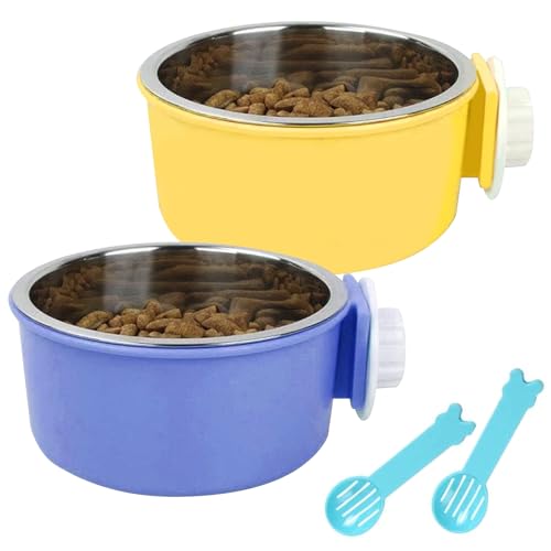 Hamiledyi 2-Pack Hanging Dog Bowls with Removable Stainless Steel Feeder - Spill-Proof Crate Bowls for Kennel/Cage, Puppy to Medium Dogs, Cats, Rabbits & Guinea Pigs (Durable Pet Food & Water Dishes) - color: B：Dark blue + Yellow