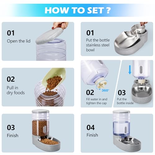 Automatic Cat Feeder and Water Dispenser with Stainless Steel Bowl Gravity Food Feeder and Waterer Set for Small Medium Dog Puppy Kitten 1 Gallon x 2(Grey) - color: Stainless Steel-Grey
