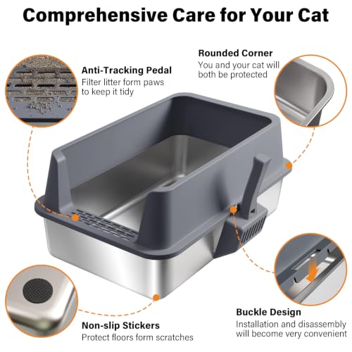Stainless Steel Litter Box with Lid,XL Extra Metal Cat Litter Box | Large Litter Boxes for Big Cats,Metal Kitty Litter Boxes with Anti-Leakage, High Sides,Easy to Clean,Scoop & Mat Included - color: 573713Gray