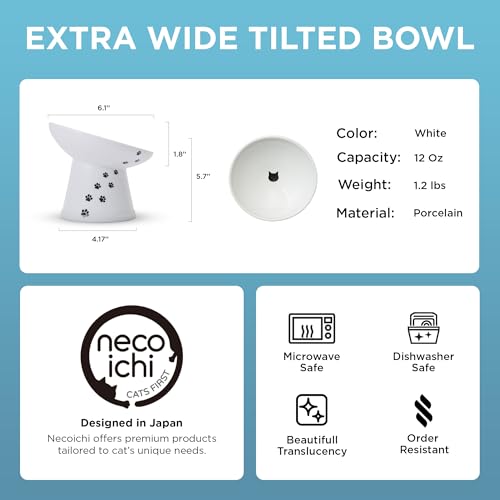 Necoichi Ceramic Elevated Cat Food Bowl, 15° Tilted (Cat, Extra Wide Tilted) - color: Cat, size: Large Extra Wide Tilted