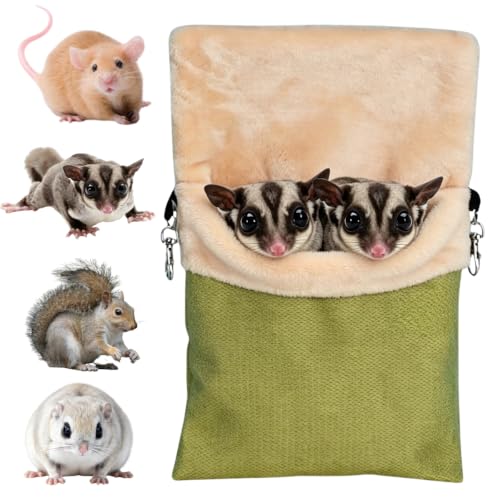 Hanging Sugar Glider Pouch Warm Hammock Pet Sleeping Bag (Green,Medium) | Back-slant design fits cages perfectly. Features a rear pocket for heating pads. Soft, cozy plush lining for rat squirrel - color: Green, size: Medium