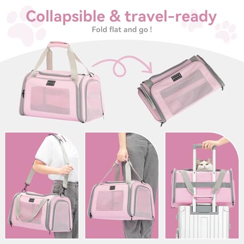 Petsfit Cat Carrier Airline Approved, 17.5×10.5×10.5 in, Pink | Escape-Proof Design with Locking Zippers & Safety Leash, Easy-Access 3-Way Entry, Washable Mat up to 12 lb - color: Pink, size: Medium