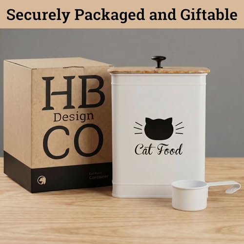Metal Cat Food Container with Scoop 5-7 lb (25 Cup), w/ Airtight Bamboo Lid | Cat Kibble Canister with Metal Scoop, 25 Cups, Chew Proof Iron Body, Powder Coated, Airtight Bamboo Lid, Sturdy Metal Handle - color: White