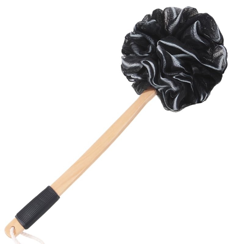 FORENEE Black Loofah on a Stick, PE Mesh Back Scrubber, Long Wood Handle | Soft PE mesh creates rich lather for gentle cleansing; coated long wood handle, non-slip rubber grip and hanging loop - style: Black（Long Handle）