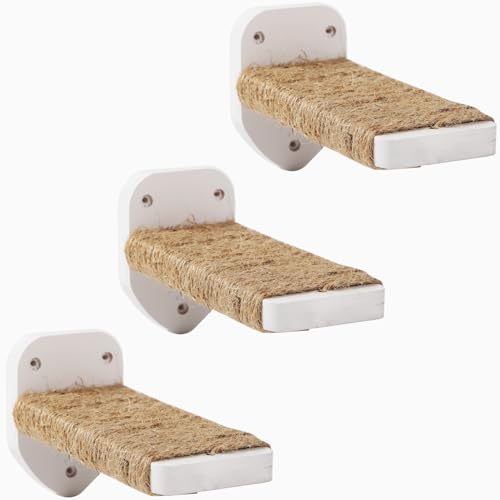3-in-1 Cat Climbing Wall Steps with Hemp Rope, Shelves and Perches - Wall-Mounted Cat Furniture Set with Scratching Pads (White) - color: White