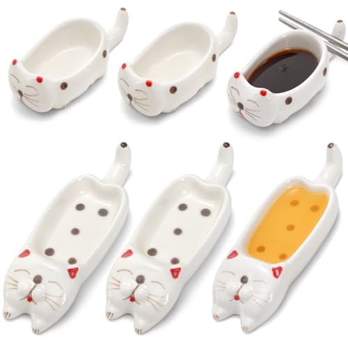 6 Pcs Cute Soy Sauce Dipping Bowls, Small Ceramic Dipping Dishes, Mini Cat Shape Sushi Tray with Chopstick Holder Tableware for Seasoning Oil Vinegar Ketchup Wasabi, Japanese Style