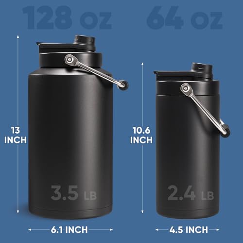 Fijinhom One Gallon Insulated Water Bottle for Travel: 2-in-1 Straw and Spout Lid, Keep Cold 24Hrs, Leakproof, 128oz Water Jug With Handle, Vacuum Stainless Steel for Sports, Hiking, Trip (Black) - color: Black, size: 128 Ounces