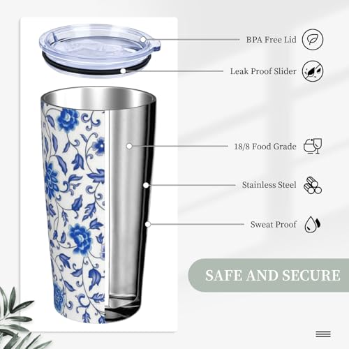 Floral Tumbler with Lid and Straw Flower 20oz Insulated Stainless Steel Cup Blue Travel Coffee Mug Water Bottle for Women Gift for Birthday Christmas - color: Blue White