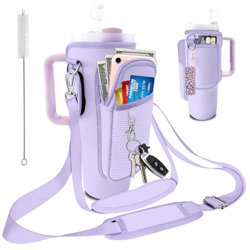 Stanley Carrier Bag for Stanley 40oz/30ozTumbler with Phone with 2 Adjustable Strap,3 Pockets Bottle Stanley Cup Carrier Bag & Case,Accessories for Hiking Travelling - color: Purple