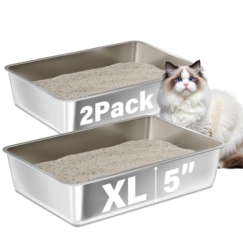 Stainless Steel Litter Box 2 Pack, XLarge Metal Litter Box | Easy Clean Non Stick Easy Entry No Smell Steel Litterbox for Kitty/Cats - size: 2pcs XL:22.4"x14.5"x5.1"