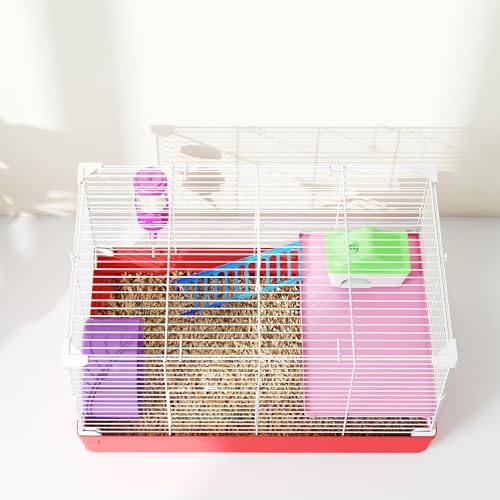 PawHut 18.5" Hamster Cage Exercise Wheel Water Bottle 2-Story Design Red | Dish, Rat House, Habitat