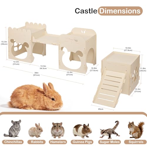 Extra Large Rabbit Castle, Wooden Bunny House & Training Bridge, Detachable Rabbit Hideaway, Indoor Hamster Castle with Ramp, Small Animal Houses & Habitats for Guinea Pig Chinchilla Ferret(2+1 House) - size: Extra Large-2+1 House