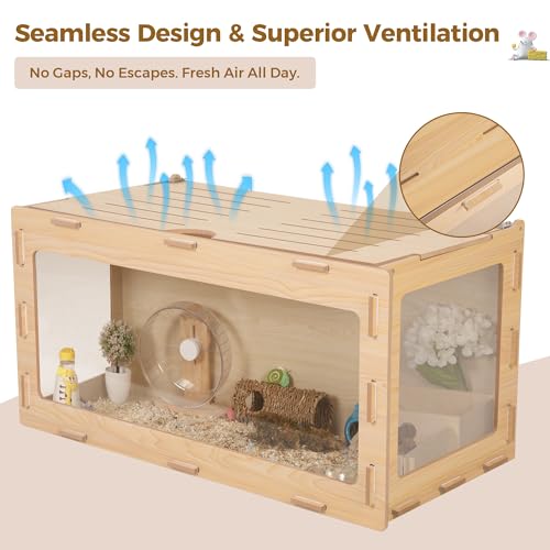 COZIWOW Wooden Hamster Cage 32" Large Small Animal Habitat Enclosure | Chewproof Acrylic Panel, 270° Panoramic View, 32x16x16" Spacious Cage, Ventilated Top, Tool-Free Assembly, Fit Gerbil
