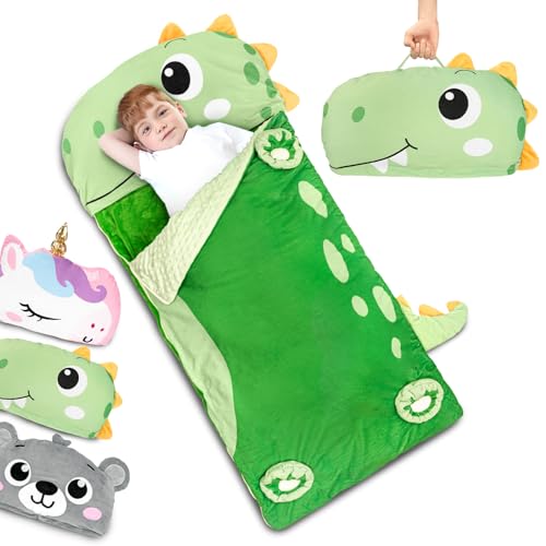 Kids Sleeping Bag, 3 in 1 Larger Plush Animal Toddler Nap Mat | Slumber Bag for Travel Sleepover Birthday Daycare Preschool Kindergarten, Boys Girls - color: Green Dinosaur, size: 70"*27"