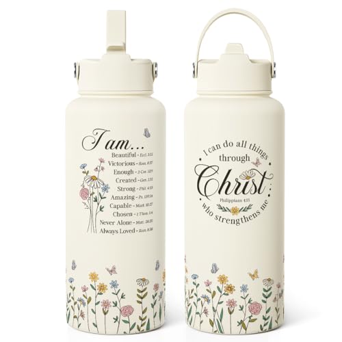 Christian Inspiration Water Bottle 32oz Stainless Steel with Lid & Straw, Inspirarional Insulated Bottles for Women Girls, Religious Inspirational Gift Idea for Birthday Christmas - color: Christian