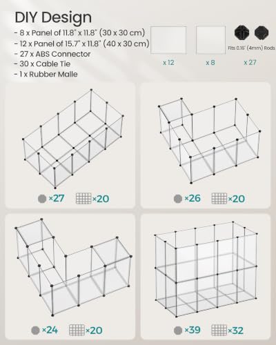 SONGMICS Pet Playpen with Floor, Small Animal Pen, Pet Fence Indoor, DIY Plastic Enclosure for Hamsters, Hedgehogs, 57.1 x 28.3 x 22.4 Inches, White ULPC007W01 - color: White, style: 20 Panels - 57.1"L x 28.3"W x 22.4"H