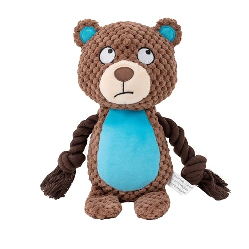 Plush Bear Dog Toy, Squeaky Tug Toy with Rope Arms for Small Medium Dogs | soft plush bear toy with rope arms and squeaker, designed for tugging, chewing and interactive indoor play - color: Brown