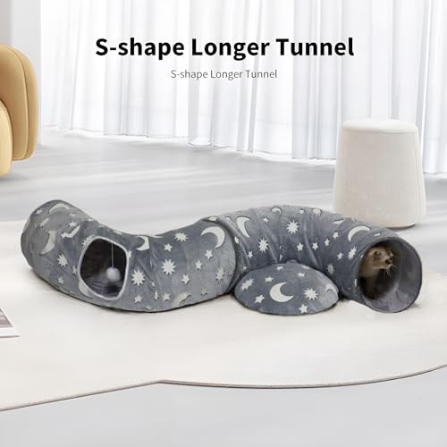 Cat Tunnel Bed for Indoor Cats with Washable Cushion Cat Cave Donut Tunnel with Fluffy Ball Big Round Tube Pet Playground Toys Soft Plush Peekaboo for Kitten, Cat, Puppy, Rabbit, Ferret（Moon Star） - color: Moon Star