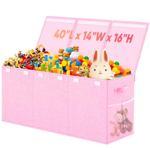Large Toy Storage Box with Lid & Dividers, Collapsible Kids Toy Chest, Pink | Toy Box for Boys, Girls, Nursery, Bedroom, Living Room, Playroom, 40X14X16 inches - color: Extra Large Pink