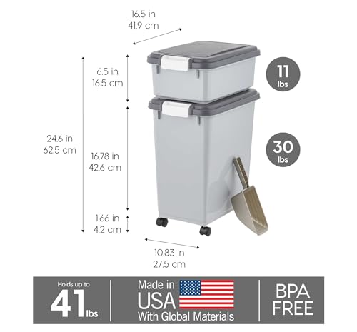 IRIS USA Dog Food Storage Container, Up to 30+11 lbs, Gray/Dark Gray | Made in the USA, Includes 2-Cup Scoop & Wheels, Airtight Seal, BPA-Free, Bird Seed, Cat food, Cat Litter, Treats, Toys - color: Gray/Dark Gray