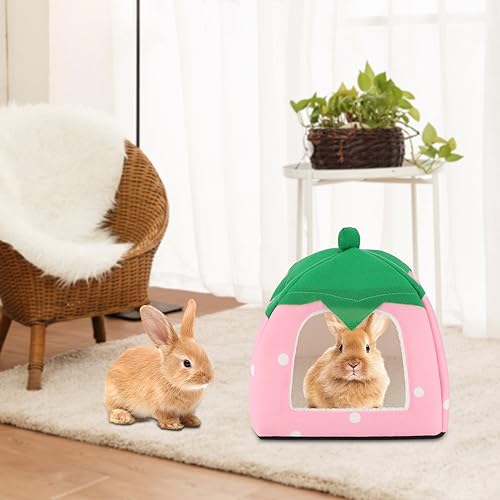 BWOGUE Guinea Pig Bed Hideout, Washable Hamster Cave for Small Animals | Removable Cushion for Cleaning, Warm Fleece Nest, Washable Bed, 10 x 9.8 x 9 in, Dwarf Rabbits Hedgehogs - color: Strawberry Pink